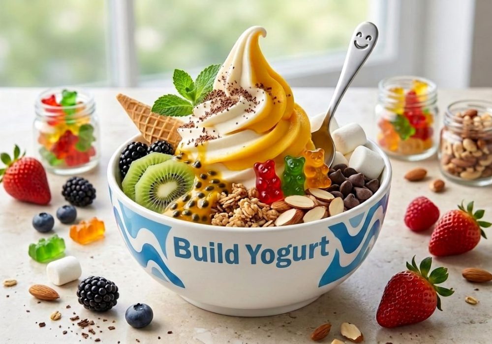 A generously topped YogurtYork frozen yogurt bowl on a bright counter