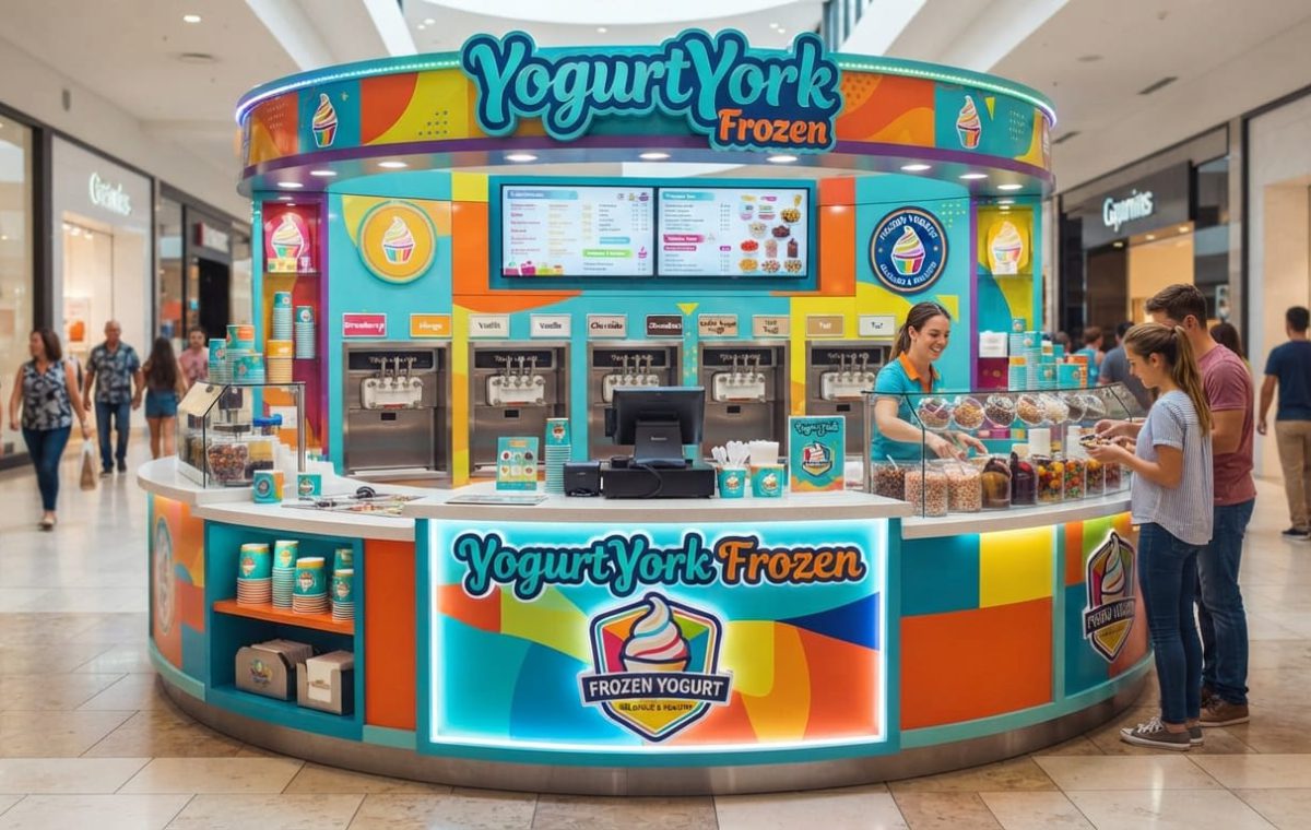 A YogurtYork live frozen yogurt counter set up at an event