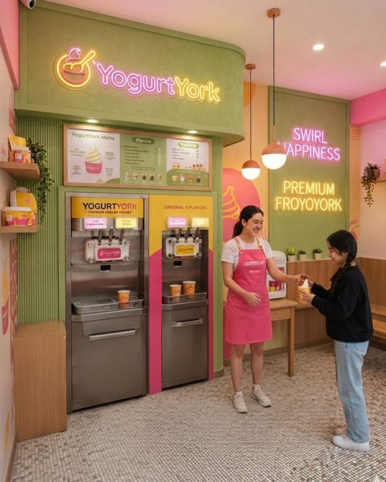 Self-serve frozen yogurt machines under the YogurtYork neon sign