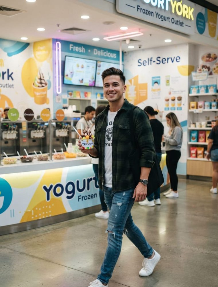 A customer leaving a YogurtYork counter with a topped frozen yogurt cup