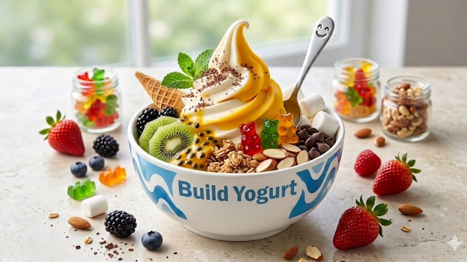 A YogurtYork frozen yogurt bowl topped with kiwi, berries, granola and gummy bears