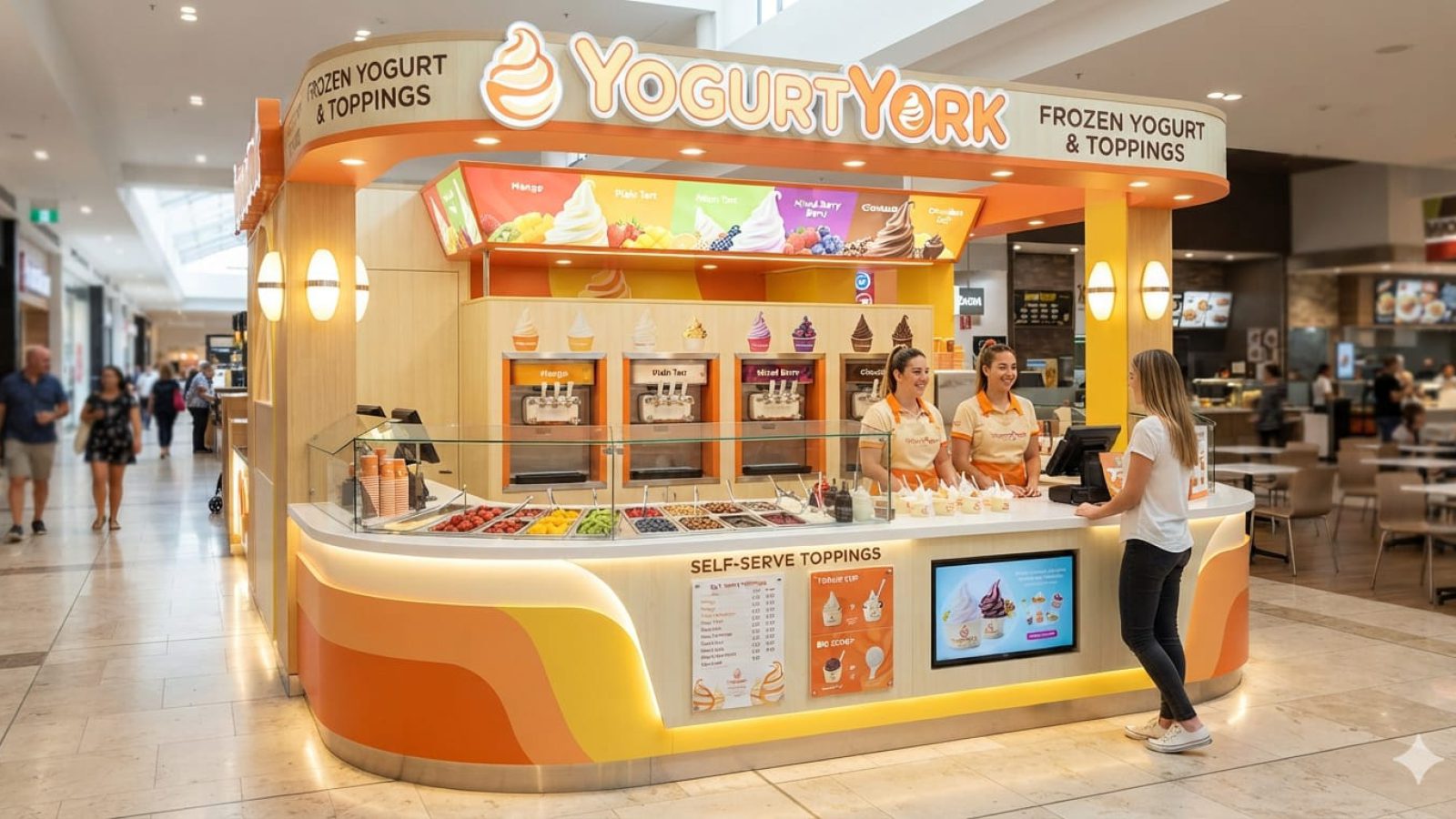 Guests serving themselves at a bright YogurtYork frozen yogurt counter