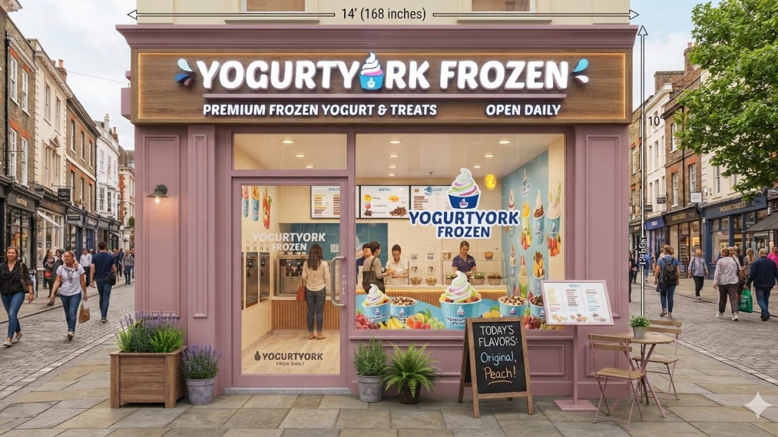YogurtYork frozen yogurt store front with an inviting glass facade