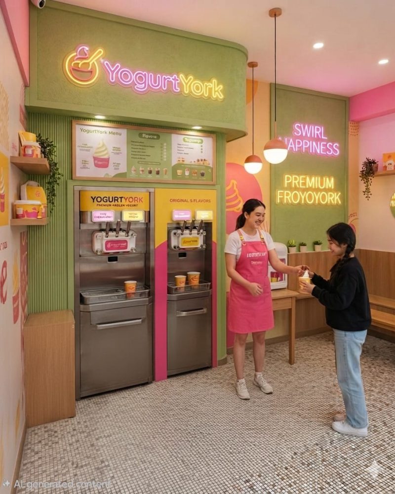 A YogurtYork crew member serving a customer at the frozen yogurt counter