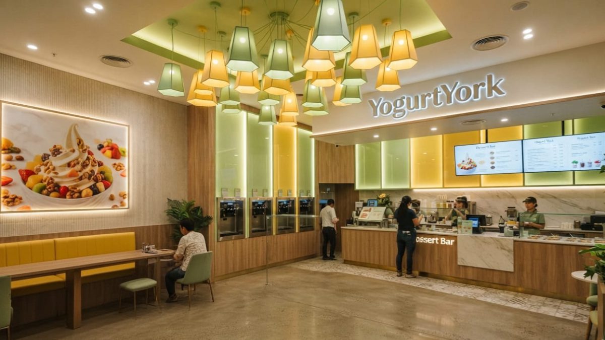 Guests at the YogurtYork dessert bar choosing frozen yogurt and toppings